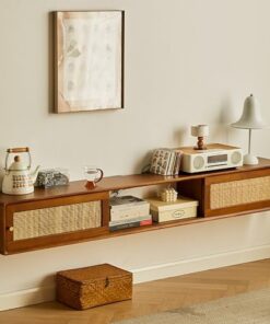 Générique Console multimédia Flottante avec 2 Portes en rotin, étagère TV Flottante en Bois avec Meuble de Rangement, Meuble TV Mural avec Porte coulissante, Meuble TV Flottant, pour Salon, Chambre à