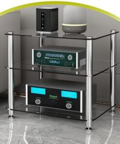 Meuble HiFi à 4 Niveaux en Verre, Meuble Audio-vidéo, étagère en Verre trempé, étagères de Rangement multimédia Ouvertes, Meuble stéréo