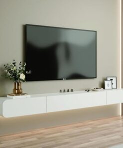 Meuble TV flottant, unité TV murale, console multimédia centrale TV avec 2 portes et 2 tiroirs, compartiment de rangement multiple, meuble TV pour salon, chambre à coucher (blanc 120 24 1) c