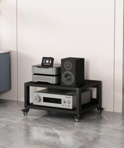 Support multimédia AV à 2 niveaux, étagère d'angle pour tourne-disque, meuble stéréo en bois, tour de support audio, meuble AV moderne, rangement pour composant stéréo de divertissement, meu