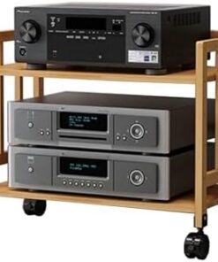 Support multimédia audio-vidéo à 2 niveaux avec roulettes, support de rangement audio en bambou naturel, centre de divertissement d'angle, armoire de composants stéréo pour jeux, réunions, s