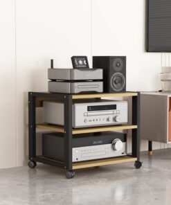 Support Audio Mobile à 3 Niveaux pour Lecteur CD, Meuble pour Composants AV, Support d'angle pour téléviseur et Support stéréo avec étagère en Bois et roulettes pour la Maison/Le Bureau/Le c
