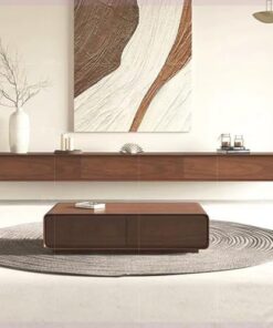 Meuble TV flottant 160-240 cm, meuble flottant à quatre tiroirs, bois massif marron, console multimédia de divertissement moderne, grand meuble TV de rangement pour étagère de salon et de ch