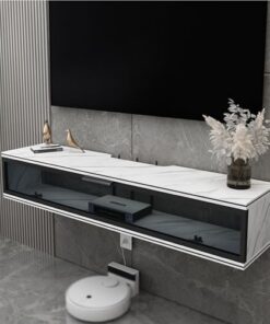 Meuble TV flottant mural Console TV flottante blanche Meuble TV flottant en bois avec motif de panneau de roche Meuble mural suspendu pour salon Chambre à coucher Support de rangement étroit