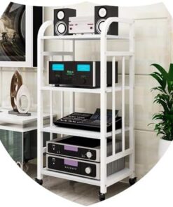 Tour multimédia AV Support Audio sur Pied Meuble stéréo Centre multimédia Mobile Étagère de Rangement d'angle en Bois Meuble pour Composants Audio et vidéo (Blanc)