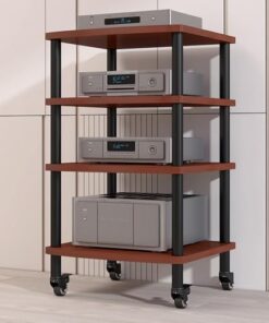 Support multimédia AV 3/4 Niveaux, Support d'amplificateur HiFi, Support de Lecteur CD, Meuble stéréo avec roulettes, Tour de Support Audio Mobile (Bois de Teck, 4 Niveaux)
