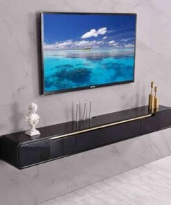 Meuble TV flottant moderne, support TV mural avec tiroir, console multimédia murale en bois avec porte à rabat, meuble de rangement flottant sous TV avec trou pour câble, pour salon et chamb