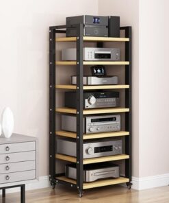 Meuble de rangement multimédia moderne, étagères à 7 niveaux, support multimédia audio vidéo avec étagère en bois réglable en hauteur, support de rangement ouvert polyvalent mobile pour comp