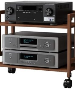 Support multimédia Audio-vidéo à 2 Niveaux avec roulettes, Support de Rangement Audio en Bambou Naturel, Centre de Divertissement d'angle, Armoire de Composants stéréo pour Jeux, réunions, s