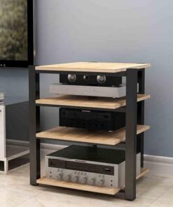 Support multimédia AV Couleur Bois à 4 Niveaux avec étagères de Rangement - Support de Rack Audio Tour Étagère d'angle idéale pour Le cinéma Maison et Les centres de Divertissement