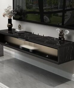 Petit meuble TV, console TV flottante, centre de divertissement, meuble TV avec porte en verre rabattable, pour chambre à coucher, salle multimédia, petit salon (couleur : noir-B, taille : 1