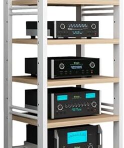 Tour audio HiFi – Support multimédia AV mobile à 5 niveaux avec étagères en bois réglables en hauteur pour le salon, la maison, le bureau ou le théâtre – Armoire polyvalente et support stéréo