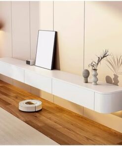 Meuble TV flottant blanc, étagère TV murale avec tiroirs de rangement, console TV moderne, meuble TV en bois massif, console multimédia de centre de divertissement, table TV pour salon (blan