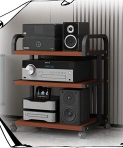 Meuble stéréo 3, 4 ou 5 Niveaux, Support multimédia AV, Support d'amplificateur HiFi, Meuble Audio/vidéo avec roulettes de Frein et étagère de Rangement Ouverte (Noir et Teck, 3 Niveaux 65 c
