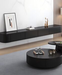 Meuble TV en Bois Massif Meuble de Rangement TV Mural Moderne avec Porte Meuble TV Flottant spacieux pour Salon et Bureau Solution de Rangement multifonctionnelle (Noir, 140 cm)