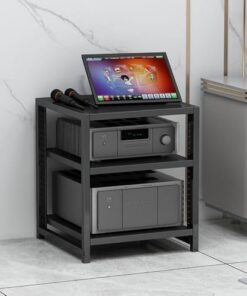 Support pour Tourne-Disque, Support multimédia AV à 3 Niveaux, Support Hi-FI sur Pied, Support pour Lecteur CD, Tour Audio, étagère en Bois réglable en Hauteur, Meuble stéréo (Noir)