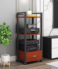 Support multimédia AV à 3/4/5 niveaux avec tiroir, armoire de rangement audio vidéo avec roulettes universelles, support de composants de lecteur CD TV d'angle moderne, étagère de haut-parle
