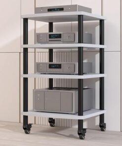 Meuble multimédia à 4 Niveaux pour Composants Audio/vidéo, Support TV de Jeu et Support stéréo, Tour Audio d'angle avec étagères en Bois pour Le Rangement à la Maison/au Bureau/au cinéma (A,