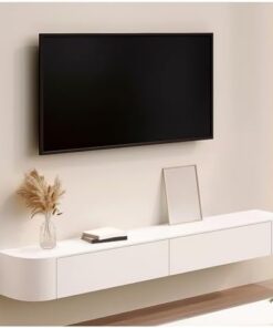 Meuble TV mural blanc, meuble TV flottant avec rangement, banc TV en bois avec tiroir, trou de gestion des câbles et dos creux, console multimédia de divertissement moderne pour le salon (bl
