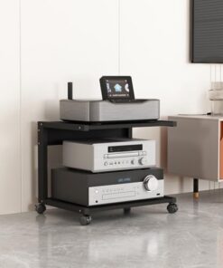 Générique Meuble multimédia AV à 2 Niveaux, Support pour Lecteur CD, Support Audio stéréo, Support TV de Jeu, étagère de Rangement Mobile au Sol en Bois avec roulettes pour Maison/Bureau/cinéma, Noir