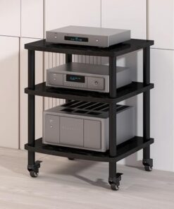 Support multimédia AV 3/4 Niveaux, Support pour amplificateur HiFi, Support pour Lecteur CD, Meuble stéréo avec roulettes, Tour de Rack Audio Mobile (Noir, 3 Niveaux)