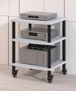 Support multimédia AV 3/4 Niveaux, Support pour amplificateur HiFi, Support pour Lecteur CD, Meuble stéréo avec roulettes, Tour de Rack Audio Mobile (Blanc, 3 Niveaux)