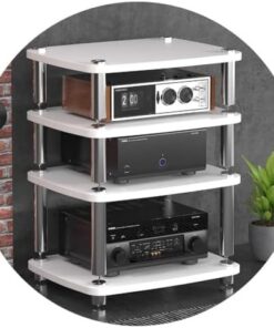 AV ShelfHIFI Meuble audio avec étagère amplificateur de puissance 4 couches MDF avec pieds absorbant les chocs pour système audio domestique Blanc 60 x 48 x 76 cm