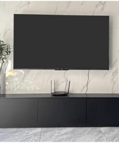 Meuble TV sur pied noir avec tiroirs de rangement et dos creux, grand meuble TV, centre de divertissement moderne, longue console multimédia, plateaux TV en bois, table TV pour salon (160x30