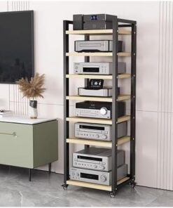 Rack, Meuble AV, avec étagères réglables en Hauteur et roulettes, Rack pour Haut-parleurs Hi-FI Robuste à 5/6/7 Niveaux de Style Ouvert, adapté aux équipements Audio, au Rangement de DVD, au