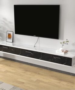 Étagère Murale Flottante pour téléviseur - Console Longue avec Porte Rabattable, Rangement élégant pour Salon, Meuble TV Moderne à Rayures Noires, Dimensions 180x22x20cm.