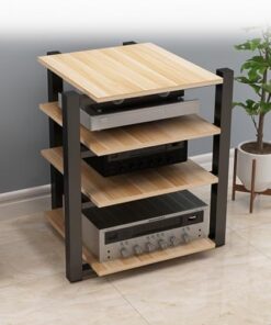 Support multimédia AV Couleur Bois à 4 Niveaux avec étagères de Rangement - Support de Rack Audio Tour Étagère d'angle idéale pour Le cinéma Maison et Les centres de Divertissement