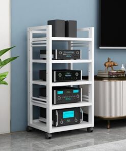 Meuble de Rangement multimédia, étagères à 5 Niveaux, Support multimédia Audio vidéo avec étagère en Bois réglable en Hauteur, Meuble AV Moderne avec roulettes Mobiles, Rangement pour Compos