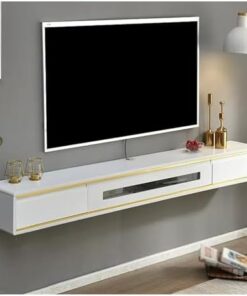Meuble TV Flottant, Meuble de Rangement pour sous-téléviseur, Gestion des câbles TV Murale, Petit Meuble TV d'appartement avec 2 tiroirs et Porte vitrée (Couleur : Blanc + Or, Taille : 120 c