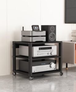 Support Audio Mobile à 3 Niveaux pour Lecteur CD, Meuble pour Composants AV, Support d'angle pour téléviseur et Support stéréo avec étagère en Bois et roulettes pour la Maison/Le Bureau/Le c