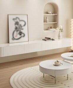 Meuble TV en Bois Massif Meuble de Rangement TV Mural Moderne avec Porte Meuble TV Flottant spacieux pour Salon et Bureau Solution de Rangement multifonctionnelle (Blanc, 140 cm)