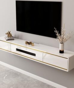 Meuble TV Flottant Blanc avec 2 tiroirs, étagère Flottante pour sous la télévision, Centre de Divertissement avec Rangement, unité TV Flottante Moderne, Convient pour Une Chambre ou Tout Pet