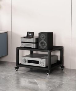 Support multimédia AV à 2 niveaux, étagère d'angle pour tourne-disque, meuble stéréo en bois, tour de support audio, meuble AV moderne, rangement pour composant stéréo de divertissement, meu