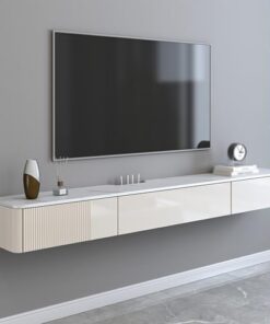 Générique Meuble TV Mural Flottant en Bois avec tiroirs, Meuble TV Mural avec Rangement, Console TV Flottante, Centre de Divertissement, étagère, Meuble de Rangement Mural pour Salon (Blanc, 220 x 24