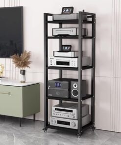 Générique Support Audio Robuste, Meuble stéréo Ouvert réglable et Mobile, Support de Lecteur CD sur Pied pour Salle de Jeux, Facile à Construire, étagère pour la Maison (Noir-B, 5 Niveaux)