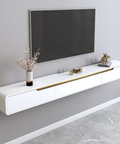 Meuble TV Mural Flottant Moderne, Console multimédia Blanche et dorée Brillante avec Rangement pour Salon, étagère TV de 240 cm.