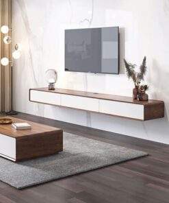 Meuble TV mural flottant moderne avec 3 portes rabattables et étagères flottantes pour grand rangement et petits espaces ménagers