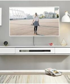 Meuble TV flottant, meuble de rangement pour sous-téléviseur, gestion des câbles TV murale, petit meuble TV d'appartement avec 2 tiroirs et porte vitrée (couleur : blanc + noir, taille : 120
