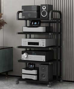 Étagère mobile noire pour tourne-disque, support multimédia, support audio DVD, support de rangement de composants à 3, 4 et 5 niveaux, armoire d'équipement de jeu de salon (couleur : 5 nive