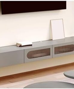 Meuble TV Mural Moderne Suspendu avec tiroirs et Portes, Console multimédia en Bois, Centre de Divertissement élégant, Support de Rangement pour TV dans Le Salon, Gris (200 x 24 x