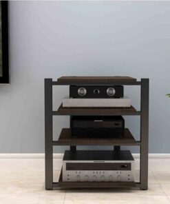 Support multimédia AV Couleur Bois à 4 Niveaux avec étagères de Rangement - Support de Rack Audio Tour Étagère d'angle idéale pour Le cinéma Maison et Les centres de Divertissement