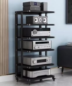 Étagère AV à 6 niveaux - Support audio Hifi avec roue de frein - Meuble AV d'angle pour composants multimédias - Étagère tour stéréo ouverte réglable et mobile pour composants audio vidéo