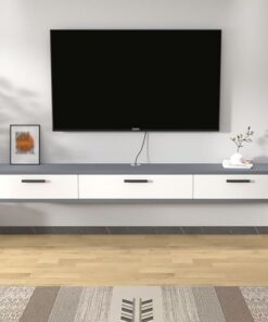 Meuble TV Mural Flottant avec Rangement, Longue Console Grise pour Salon, Design Moderne à Portes rabattables, 180 x 22 x 20 cm, Meuble TV Suspendu.