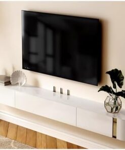 Meuble TV flottant beige, console multimédia moderne en bois avec tiroirs de rangement, étagère TV murale, meuble de divertissement moderne, support de rangement TV avec dossier creux (170 x