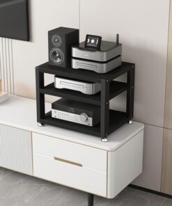 Meuble stéréo de Bureau à 3 Niveaux, Meuble Audio HiFi, Petit Support multimédia AV, étagères de Rangement Audio/vidéo Mobiles, Supports pour appareils de Streaming (Noir, 40 x 35 x 35,5 cm)