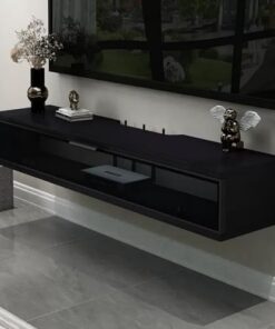 Petit meuble TV, console TV flottante, centre de divertissement, meuble TV avec porte en verre rabattable, pour chambre à coucher, salle multimédia, petit salon (couleur : noir-A, taille : 8